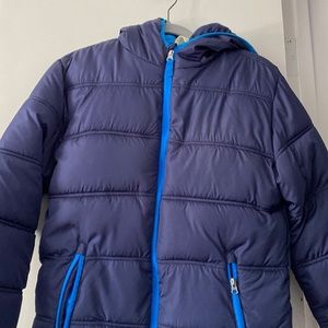 blue puffer jacket